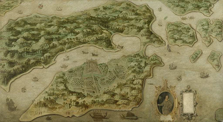 1605'te Portekiz'den ele geçirilen Amboina adasındaki Fort Victoria'nın Hollanda tarafından fethini anan 1617 tarihli bir yağlı boya tablo.