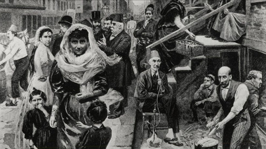 1896 yılında Manhattan'daki Washington Caddesi'ndeki Suriyeli göçmenleri gösteren bir illüstrasyon.