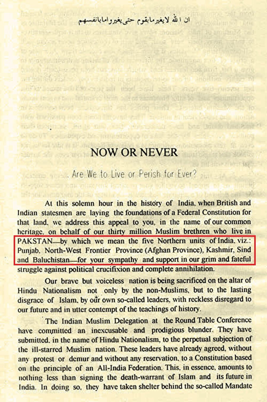28 Ocak 1933'te Rahmet Ali tarafından yazılan Pakistan Deklarasyonu, “Şimdi ya da Asla; Sonsuza dek Yaşayacak mıyız Yoksa Yok mu Olacağız?” başlığı altında Pakistan kelimesinin ilk kez kullanıldığı metindir (Pencap + Afgan + Keşmir + İslam + Sind + BelucisTAN = PAKİSTAN)