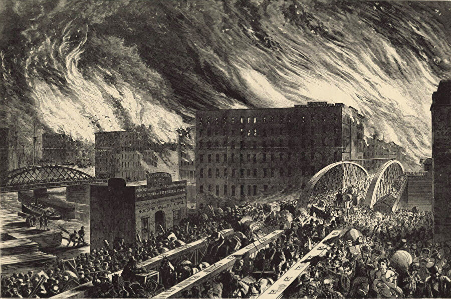 Büyük Şikago Yangını’nı tasvir eden bir çizim.