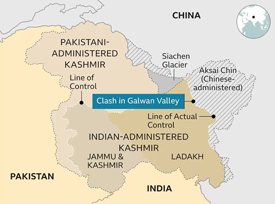 Pakistan, Hindistan ve Çin arasında paylaşılamayan Keşmir'in sınır hatları.