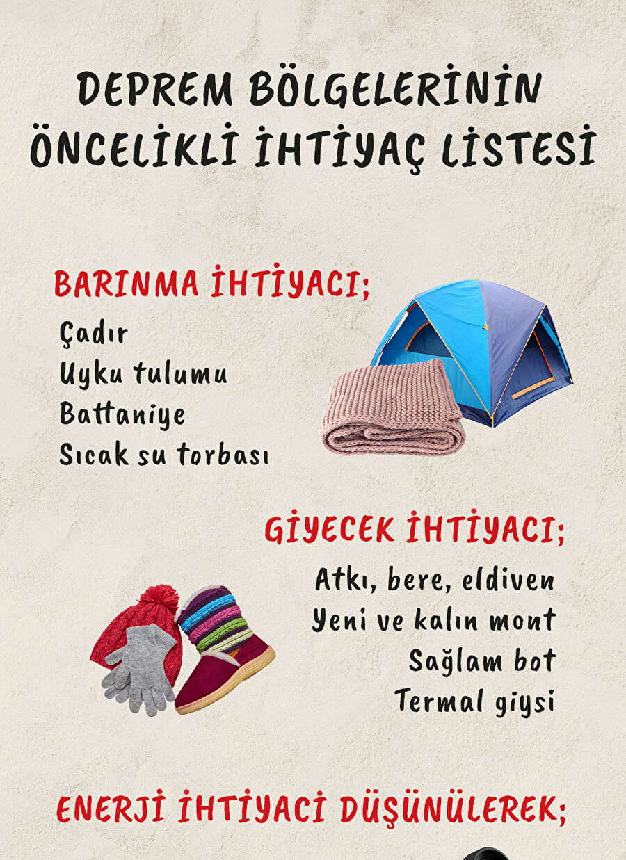 Deprem bölgesinde öncelikli ihtiyaç listesi