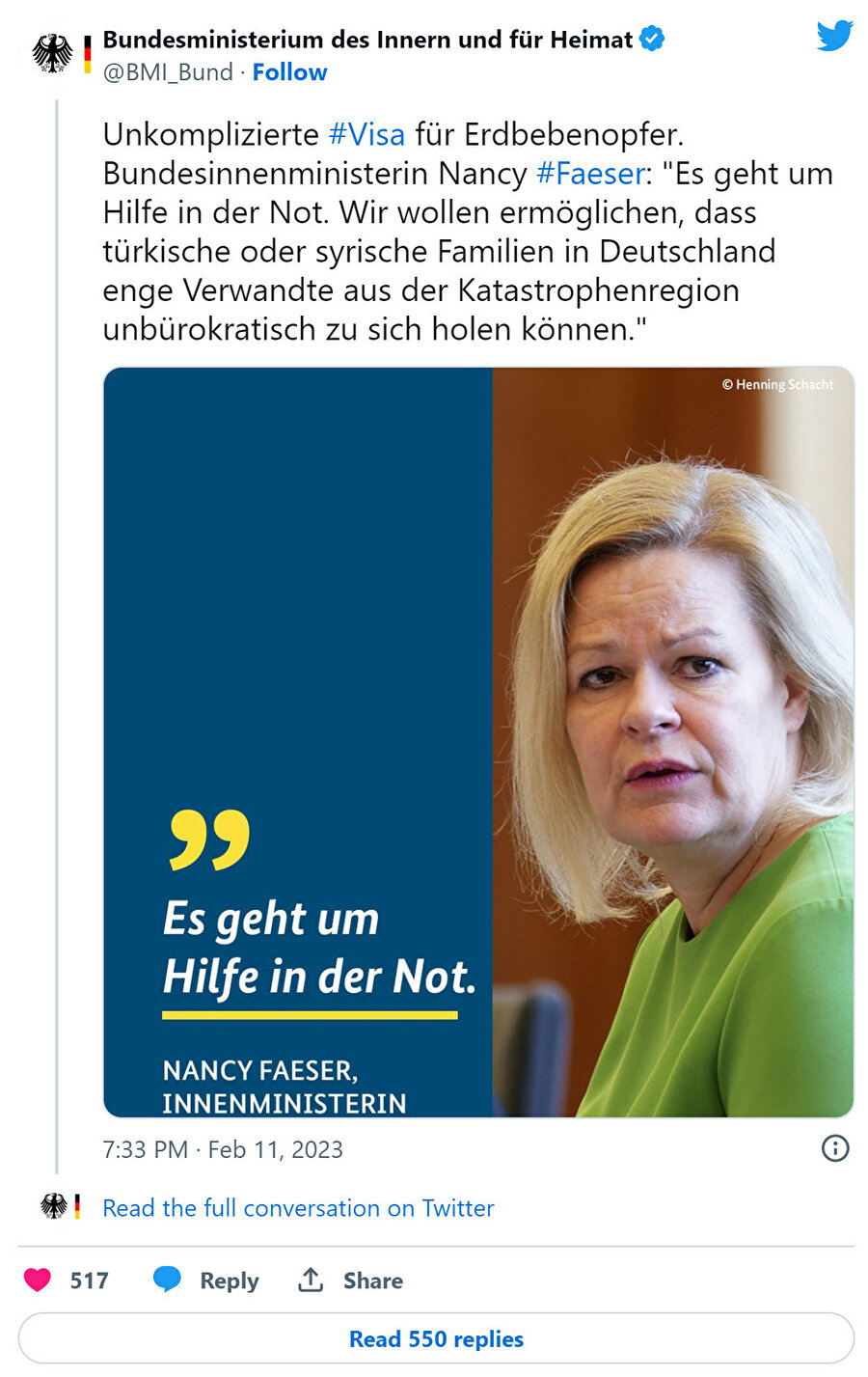 Tercüme : Deprem kurbanları için karmaşık olmayan #Visa. Federal İçişleri Bakanı Nancy #Faeser: “İhtiyacı olan yardımla ilgili. Almanya'daki Türk veya Suriyeli ailelerin afet bölgesindeki yakınlarını bürokratik olmayan bir şekilde kendilerine getirebilmelerini sağlamak istiyoruz.”