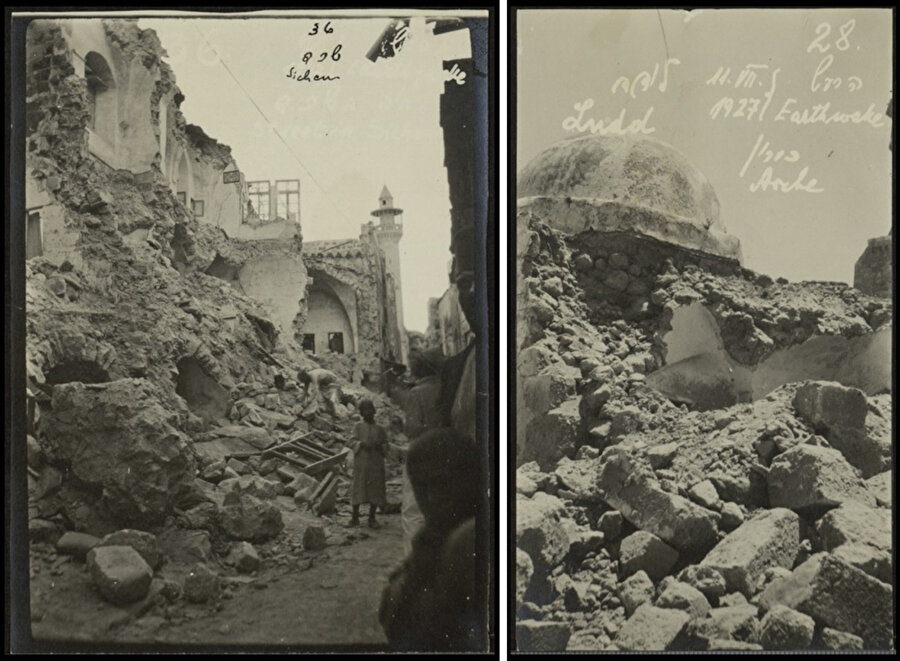 1927 depremi Nablus'ta (soldaki) şiddetli bir şekilde etkili olmuş, burada 150 kişi ölmüş, yaklaşık 300 bina yıkılmıştı. Deprem bölgesine daha uzakta kalan Lüd'de ise (sağda) 30 kişi ölmüş, 70 kişi yaralanmıştı.