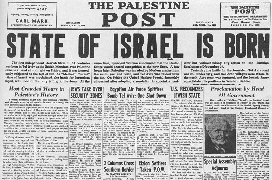 İsrail'in kuruluşunu duyuran The Palestine Post gazetesinin 14 Mayıs 1947 günkü manşeti.