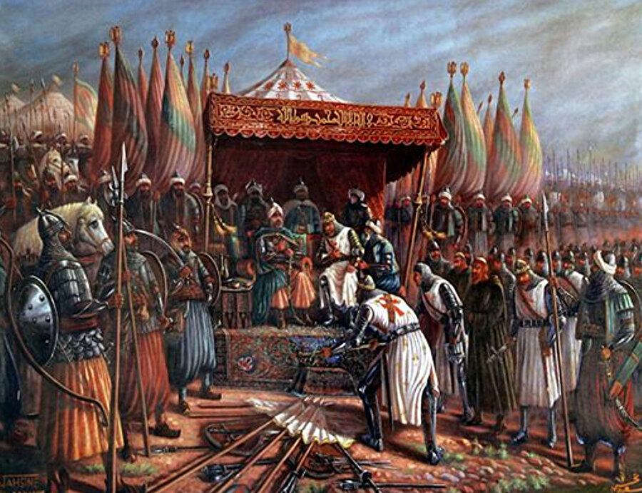 Haçlılar’ı bozguna uğratan Salahaddîn Eyyûbî ve esir Kral Lüzinyali Guy.
