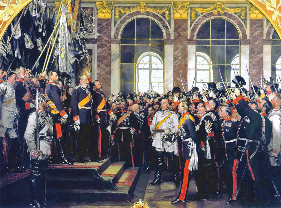 18 Ocak 1871. Alman Birliği'nin Paris'teki Versailles sarayında ilanı.
