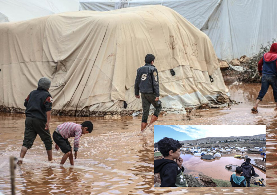  İdlib’de Beşşar Esed rejimi ve destekçilerinin saldırılarından kaçarak sığındıkları çadırları sağanak nedeniyle su basan siviller, yaşam mücadelesi veriyor.