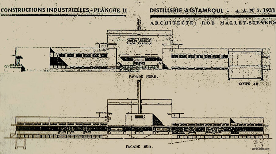 Rob Mallet-Stevens tarafından L’Architecture d’Aujourd’hui dergisinde yayınlanan Mecidiyeköy Likör ve Konyak Fabrikası çizimi, Ekim 1931. 