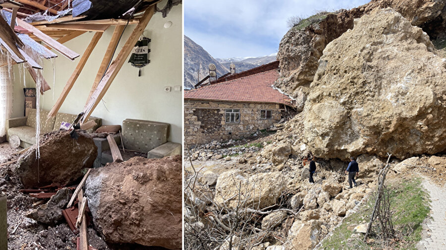 Dağlardan kopan dev kayalar evlere ağır hasar verdi