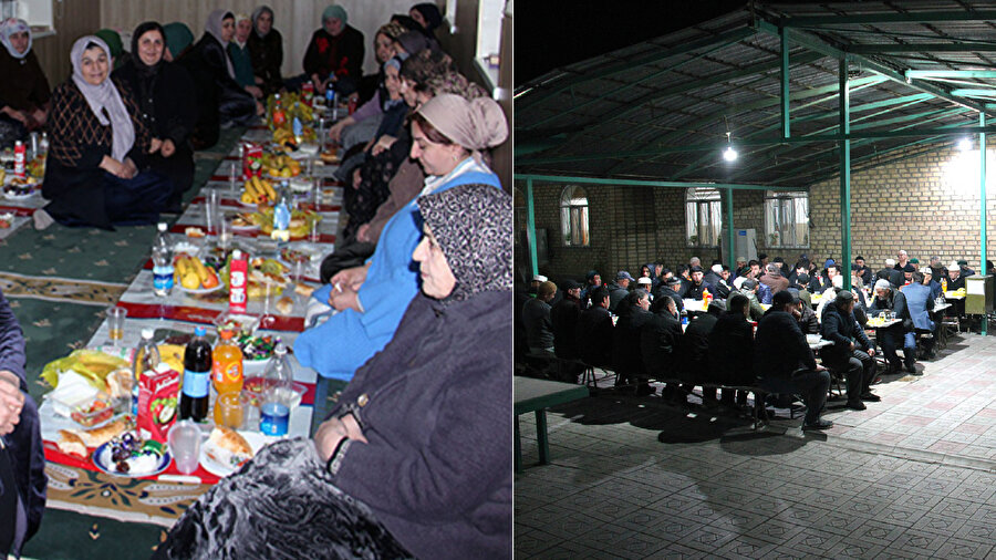 Cami avlusunda verilen iftarı erkekler hazırlarken, sofraların kurulmasına yakın akrabaların gelinleri ve komşu kızları destek oldu.