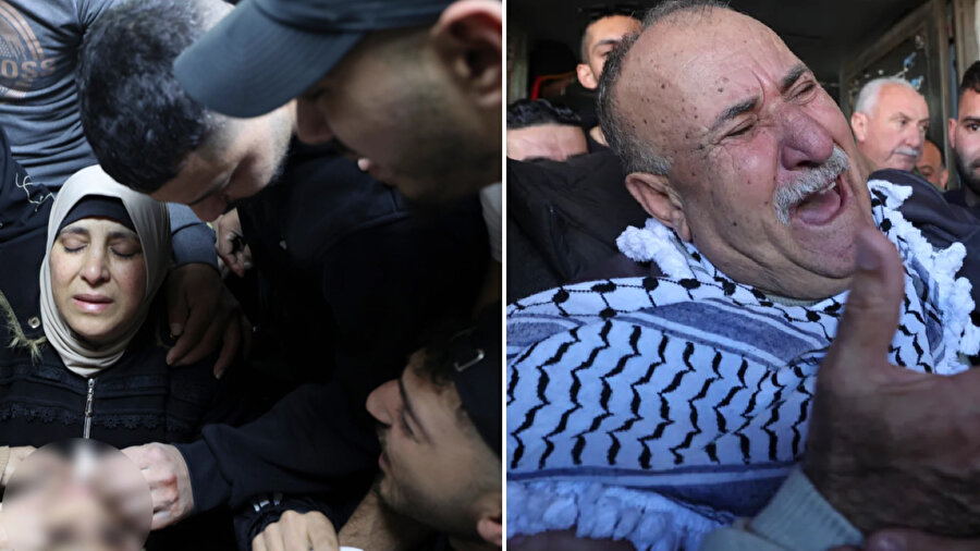 İsrail ordusunun düzenlediği baskın sırasında hayatını kaybeden Muhammed el-Hallak'ın annesi ve  Muhammed Ebu Bekir'in babası Nablus'taki Rafidiya Hastanesi'nin önünde tepki gösteriyor.