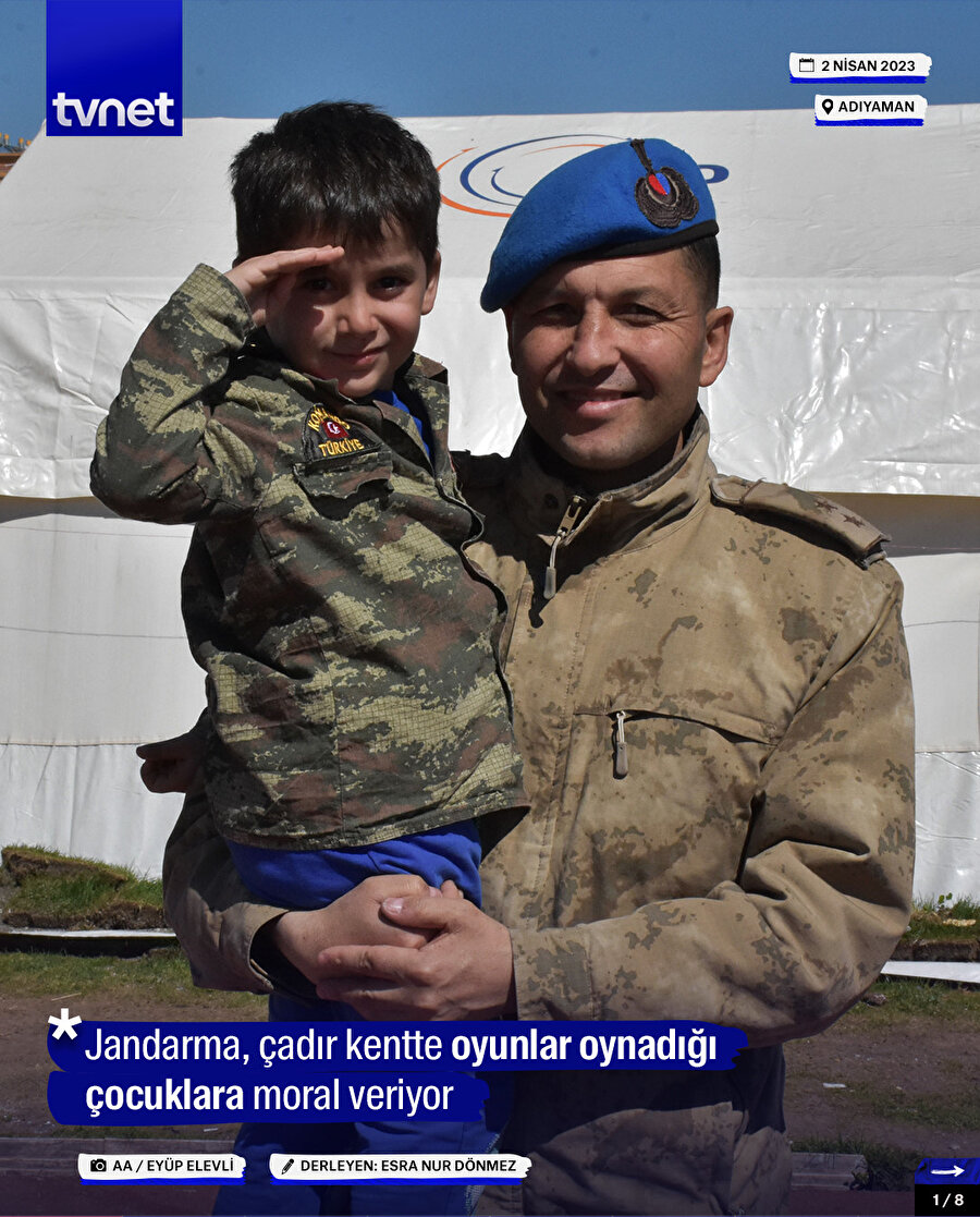 Jandarma, çadır kentte oyunlar oynadığı çocuklara moral veriyor