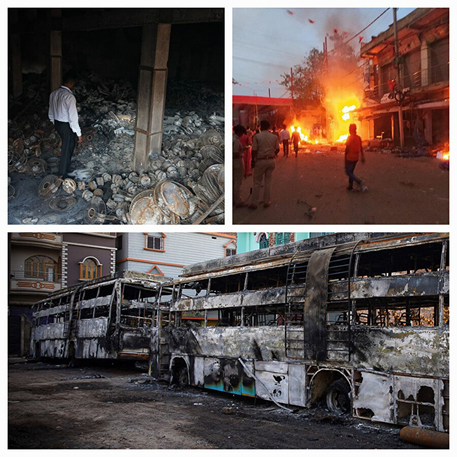 Hindu çeteler, cuma günü camiyi ateşe vermelerinin yanı sıra bölgedeki Müslümanlara ait ev ve iş yerlerini ve caddede bulunan arabaları da ateşe vererek büyük maddi hasara sebep oldu. 