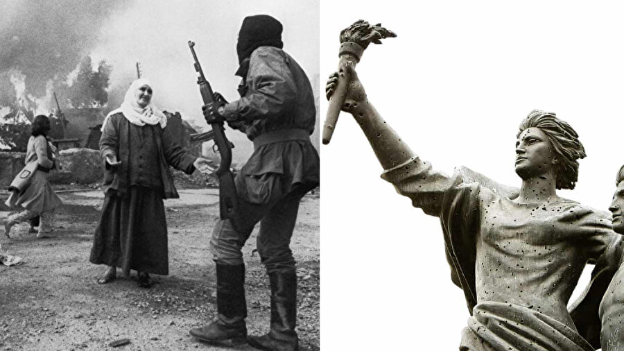 İç savaş yıllarında Lübnan ve Beyrut'taki şarapnellerle dolu Şehitler Anıtı.