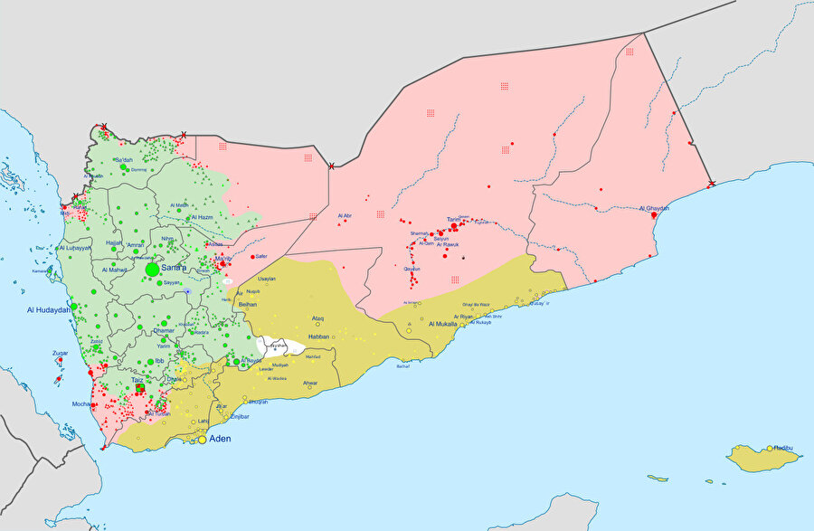 Yemen hakimiyet bölgeleri: Yeşil alan Yemen hükümeti kontrolünde; Kırmızı alan İran destekli Husilerin kontrolünde, Sarı alan BAE destekli Güney Geçiş Konseyi güçleri kontrolünde.