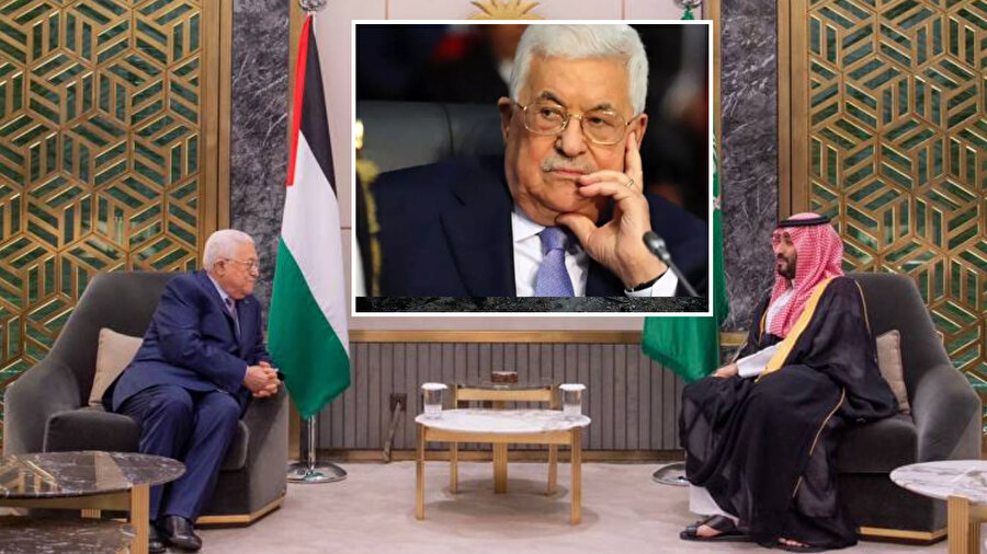 Filistin Otoritesi Başkanı Mahmud Abbas, solda, Suudi Arabistan'ın Veliaht Prensi Muhammed bin Salman ile Suudi liman kenti Cidde'de görüşüyor, 19 Nisan 2023.