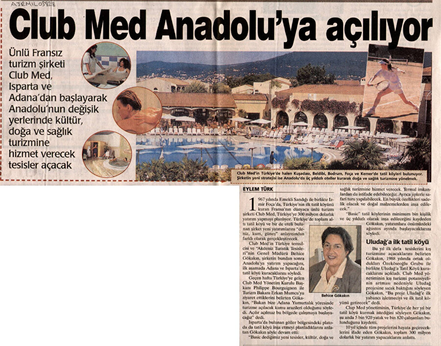 Club Med’in Türkiye’de farklı tesisler açacağını haber veren bir gazete küpürü, Kaynak: Salt Araştırma. 