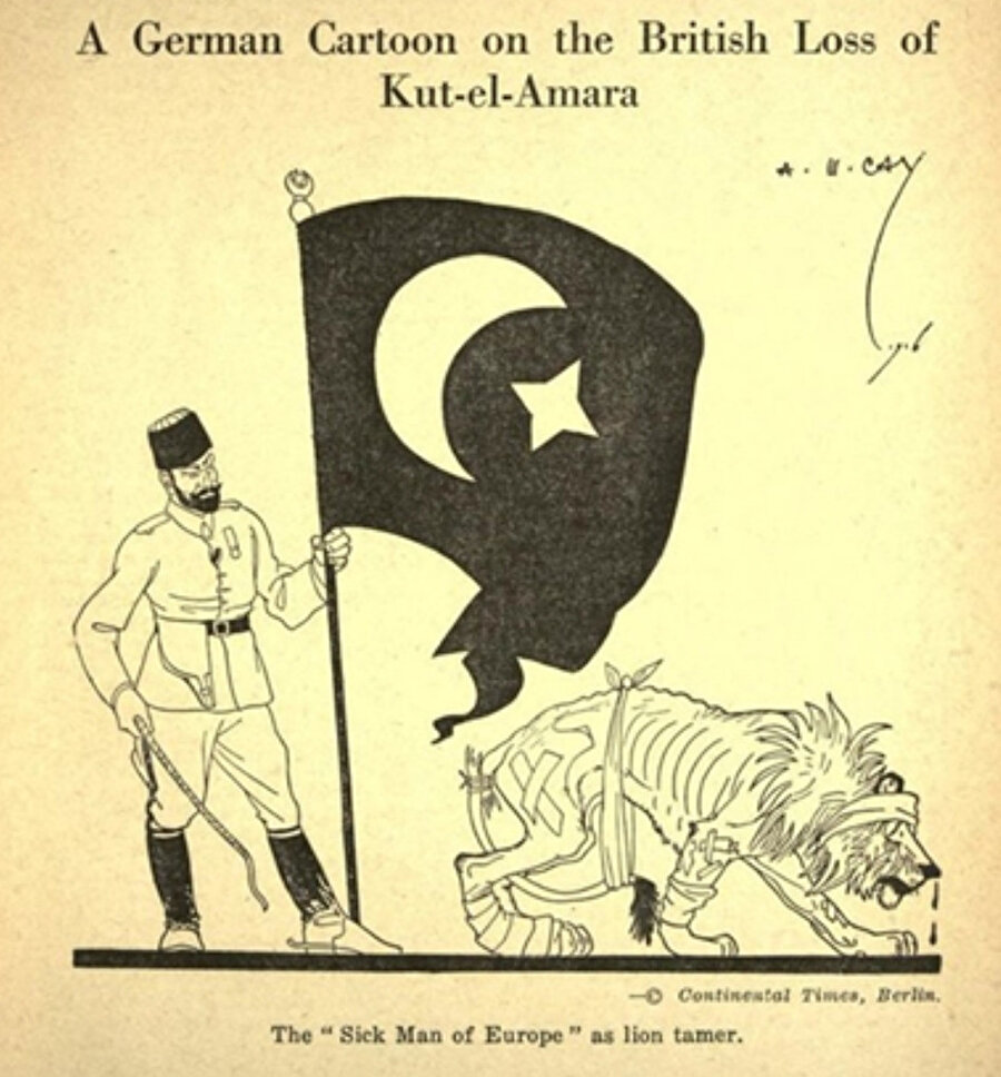 Kûtu'l-Amâre zaferinden sonra Almanlar tarafından basılan bir karikatürde, “Aslan terbiyecisi olarak Avrupa’nın hasta adamı” yazmaktadır.