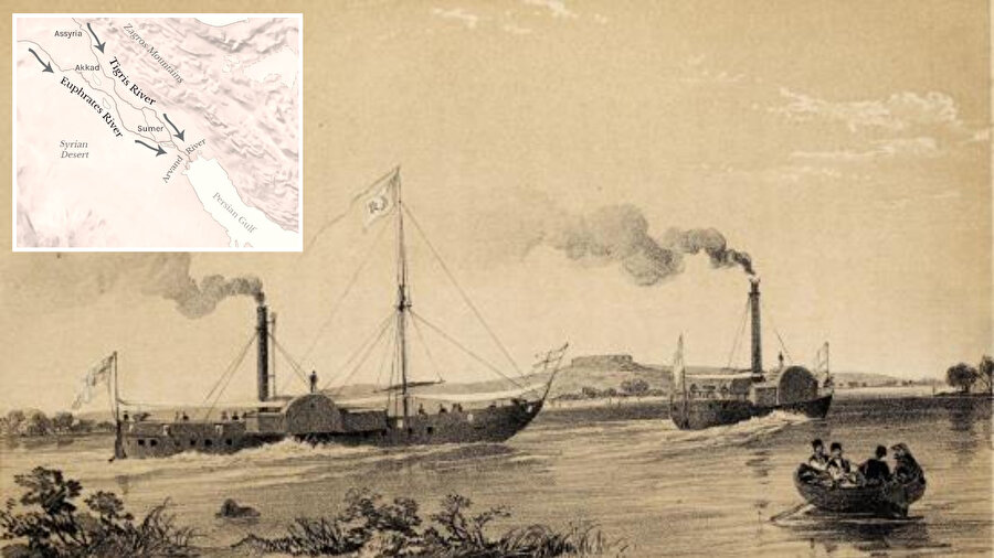 Chesney'in Fırat Keşfi Anlatısı eserinden Fırat ve Dicle gemilerinin çizimi, 1868.
