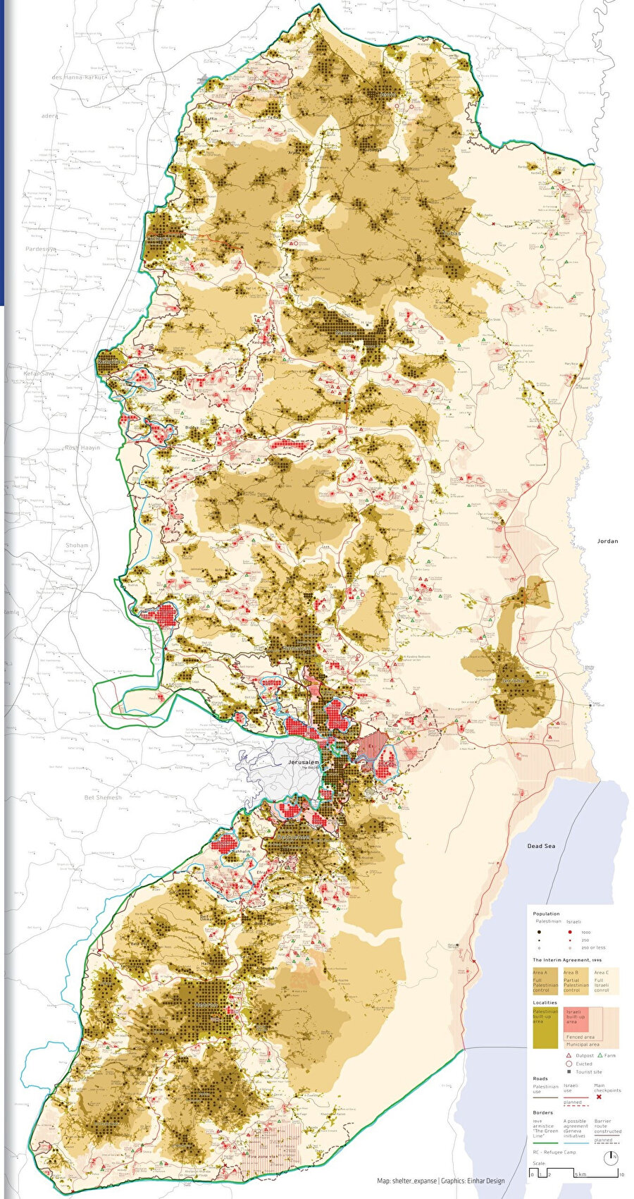 İsrailli sivil toplum kuruluşu Peace Now (Şimdi Barış) Hareketi'nin 2023 yılında hazırlamış olduğu Batı Şeria'daki yerleşimleri gösteren harita. (Kahverengi alanlarda bulunan her kırmızı nokta, o bölgedeki İsrail nüfusunu göstermekte.)