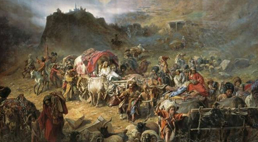 Rus saldırganlığından kaçınmak için kasabalarını boşaltmaya çalışan Çerkesleri tasvir eden PN Gruzinsky'nin 1872 tarihli bir tablosu.