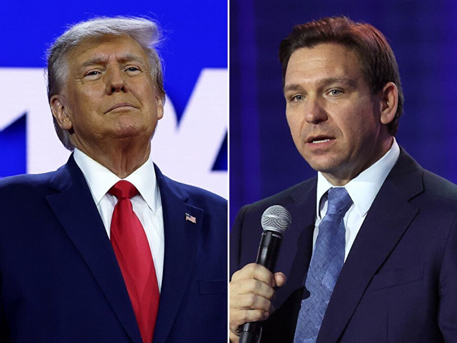 Eski Başkan Donald Trump (sol), Florida Valisi Ron DeSantis (sağ) 