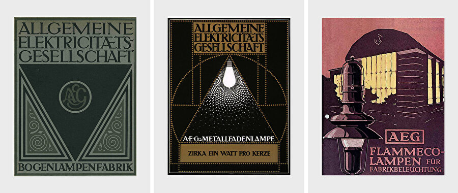 Behrens tarafından tasarlanan 1909 ve 1910 tarihli ürün broşürünün başlık sayfası ve 1910 tarihli AEG metal flamanlı lamba posteri. 