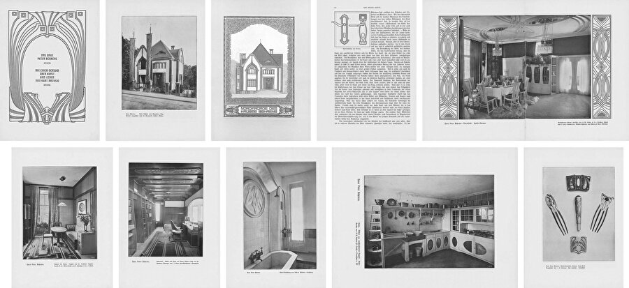 Deutsche Kunst und Dekoration adlı derginin Ocak 1902 baskısında Peter Behrens’in ev tasarımına ayrılan sayfa örnekleri. 
