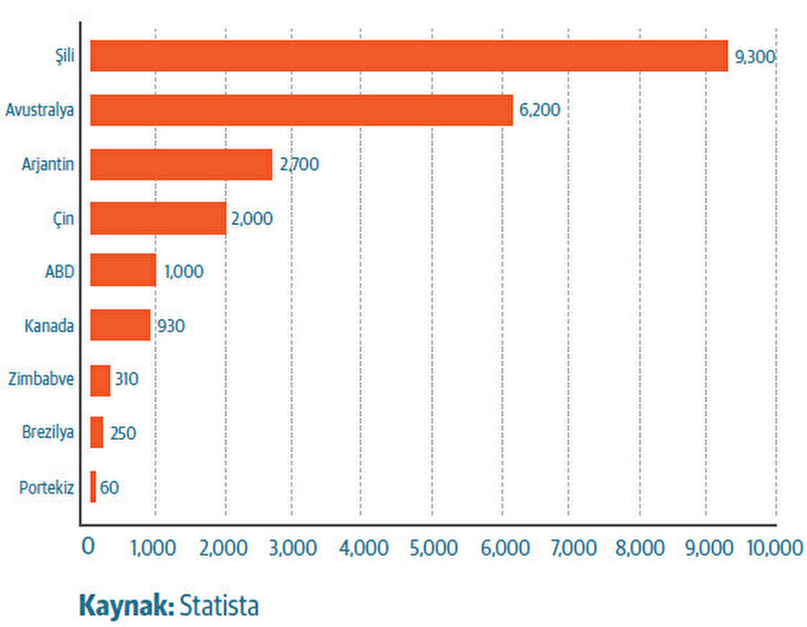 Dünyada lityum rezervleri (Bin ton) 2022