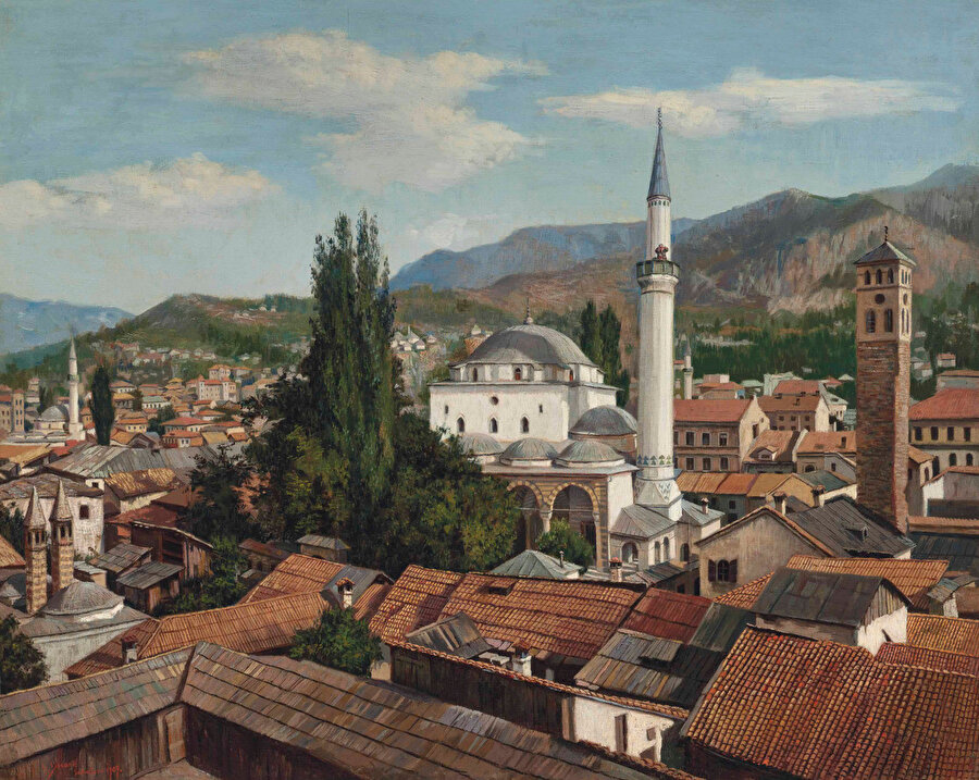 Gazi Hüsrev Bey Camii, Saraybosna. Yugoslav ressam Spiro Bocaric (1878-1941) tarafından yapılan yağlı boya tablo, Saraybosna'nın en gerçekçi tasvirlerinden biri olarak kabul edilmektedir.