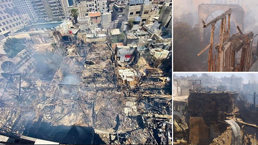 Suriye'nin Eski Şam kentinde çok sayıda mahalle ve pazarda çıkan yangın tarihî bina ve dükkanlarda ciddi hasara yol açtı.