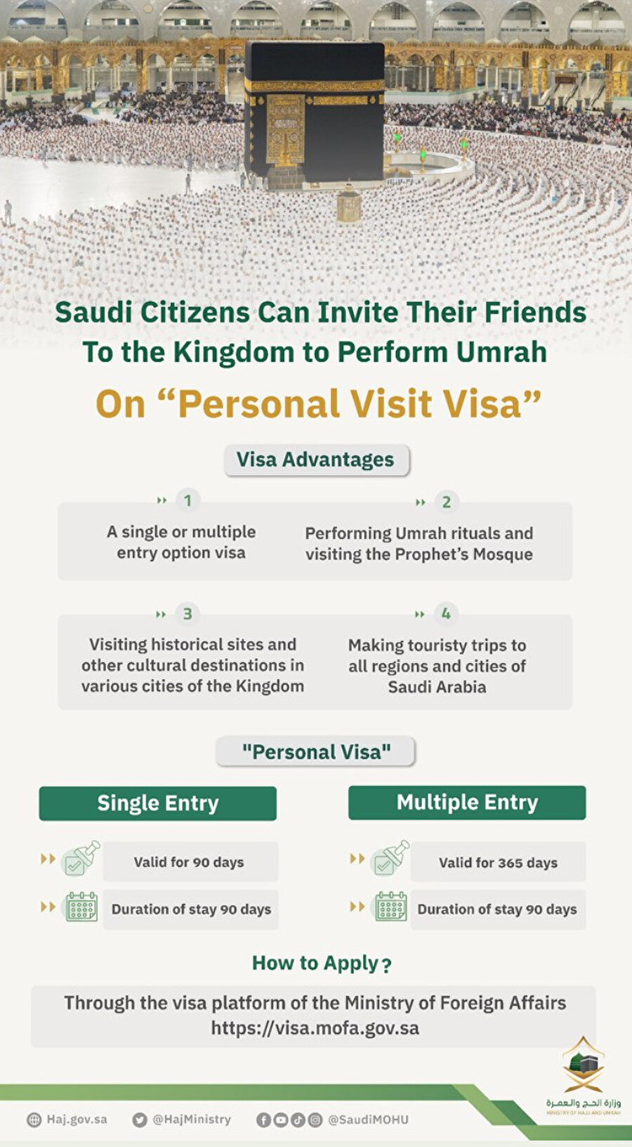 Kişisel ziyaret vizesi başvuruları Suudi Dışişleri Bakanlığı'nın vize platformu üzerinden yapılabilir.