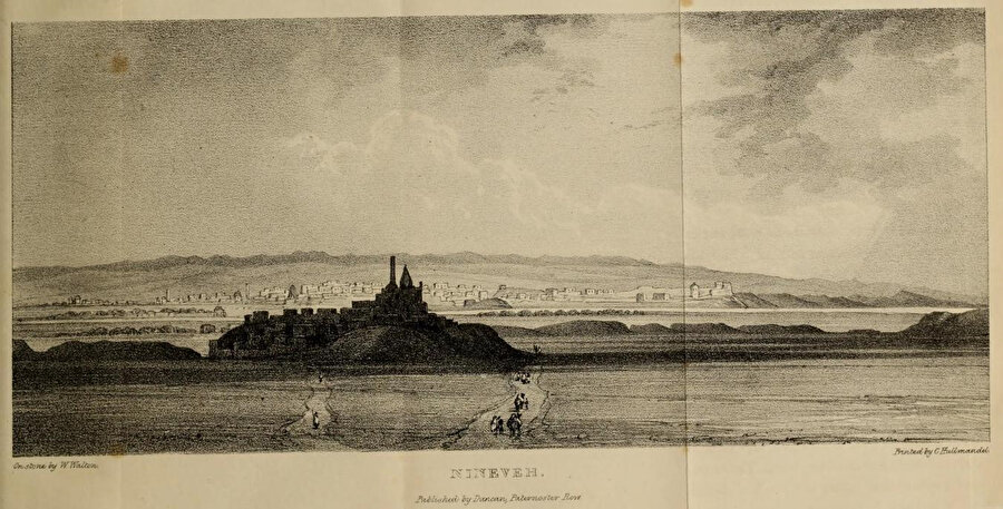 Claudius James Rich'in “Aşağı Dicle’den Bağdat’a bir yolculuk - Şiraz ile Persepolis’i ziyaret, Kürdistan ve Eski Ninova’da bir yaşamöyküsü” kitabında resmettiği Ninova şehri.