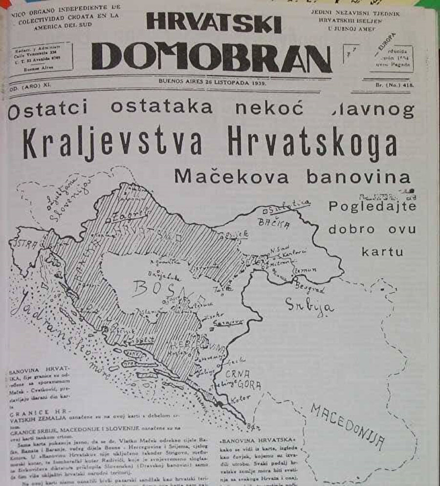 Ustaşa'nın oluşturmak istediği Büyük Hırvatistan'ın bir tasviri. Hitler gibi Ustaşe rejiminin kurucusu Ante Paveliç de tercih ettiği etnik grup olan Hırvatların yaşadığı saf bir Hırvatistan'ı savunmaktaydı.