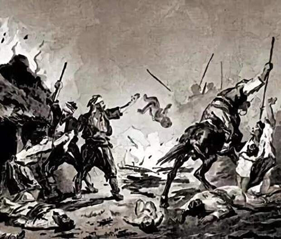 “Başıbozuk” denilen düzensiz birliklerin Bulgarlara zulmettiğini gösteren 1877 yılına ait bir propaganda afişi.