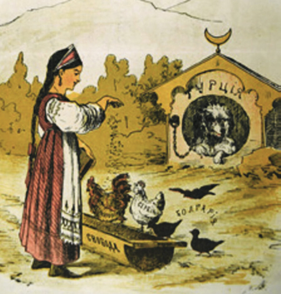 Budilnik gazetesinden 1878 tarihli bir karikatür, Rusya’yı Bulgaristan, Karadağ ve Sırbistan’ı besleyen genç bir kadın olarak gösteriyor. Arkadaki köpek kulübesinin üzerinde ise “Türkiye” yazıyor.