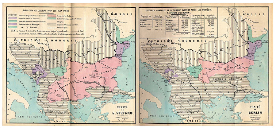 Savaş sonunda imzalanan Ayastefanos ve Berlin Anlaşmaları arasındaki farkları gösteren bir resim. İki anlaşma arasındaki en önemli değişim, yeni kurulacak Bulgaristan Prensliği için söz verilen toprakların büyüklüğü olmuştur.