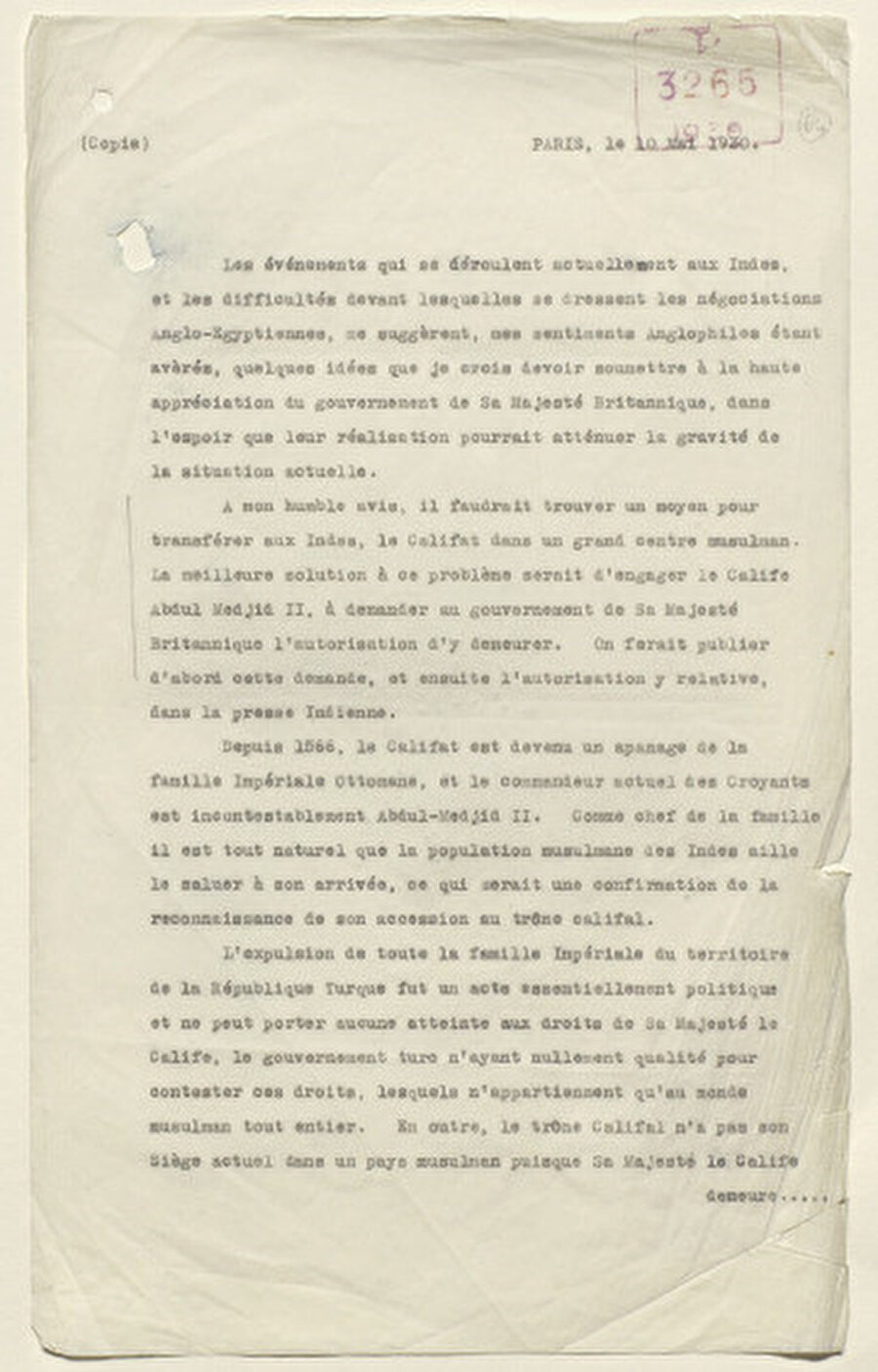 Mehmed Şerîf Paşa’nın Paris’te gönderdiği Fransızca mektubunun British Library’de yer alan sureti.