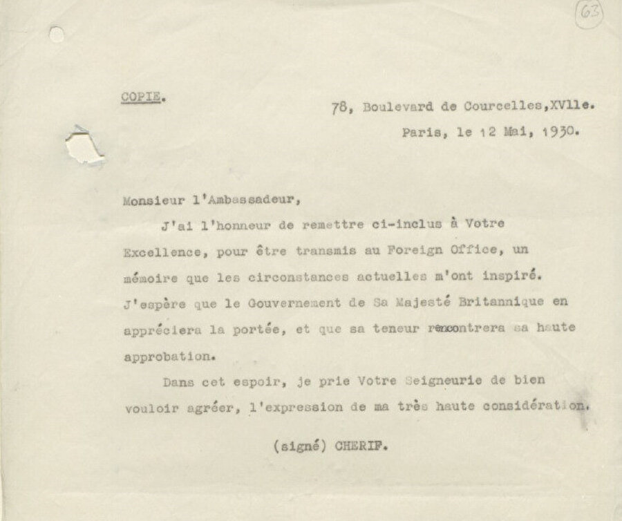 Mehmed Şerîf Paşa’nın, Paris’teki İngiliz büyükelçisine gönderdiği 12 Mayıs 1930 tarihli not.
