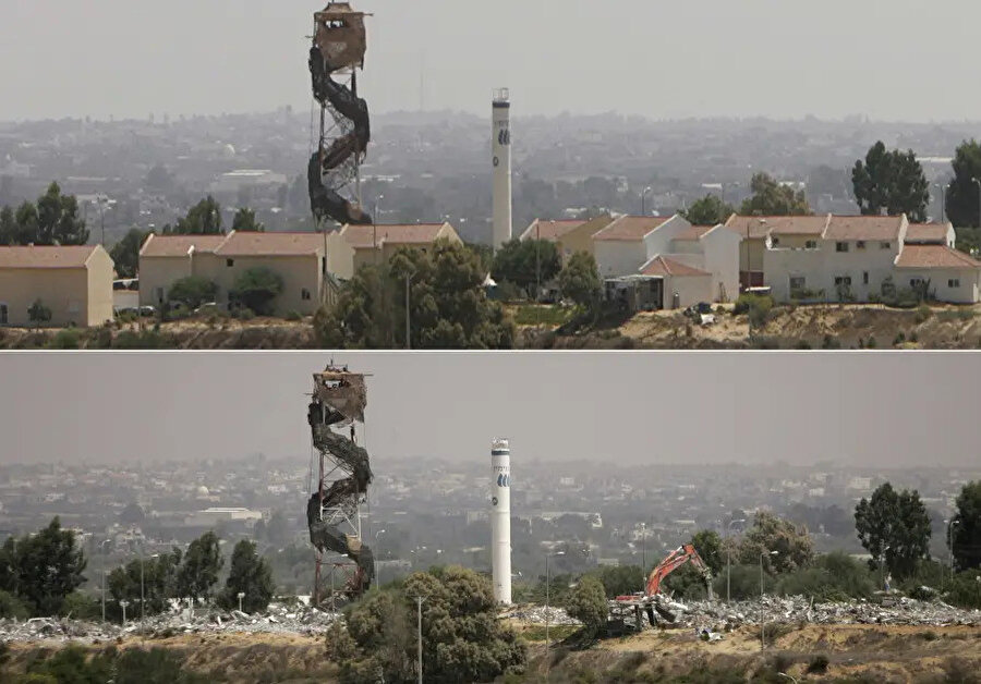 Morag yerleşiminin İsrail'in ağır teçhizat makinaları tarafından yıkılmasından önceki ve sonraki hali (12 Ağustos 2005 - 23 Ağustos 2005).