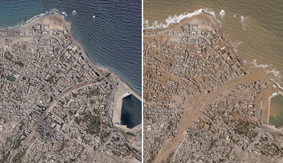 Planet Labs'tan alınan soldaki uydu fotoğrafı, 2 Eylül 2023'te Libya'nın Derna kentinin selden önce halini sağdaki uydu fotoğrafı da kentteki su baskını gösteriyor.