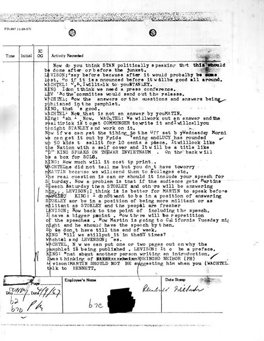 FBI tarafından sonradan gizliliği kaldırılan, King’in de içerisinde bulunduğu telefon görüşmesi kayıtlarının transkribe edilmiş örneklerinden biri.