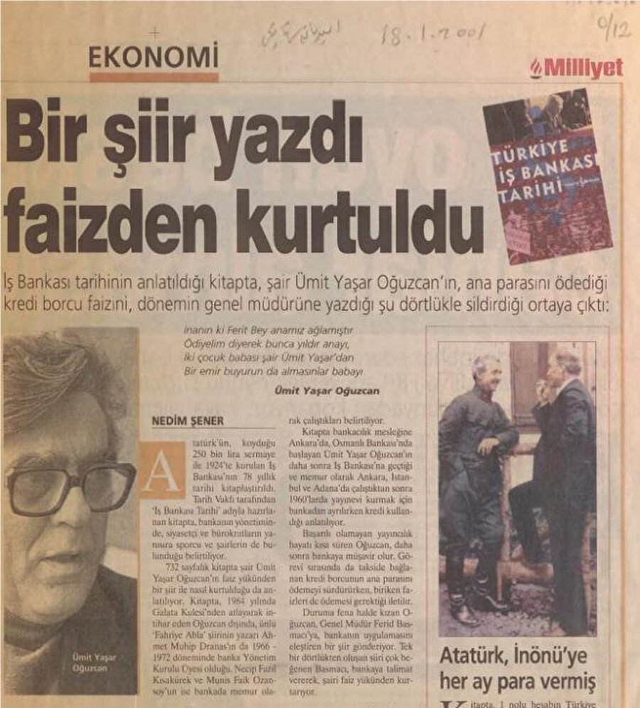 Ümit Yaşar Oğuzcan'nın şiirini çok beğenen ve sanatçıyı desteklemeyi bir vazife addeden Basmacı, bankaya talimat vererek, şairi faiz yükünden kurtarmıştır.