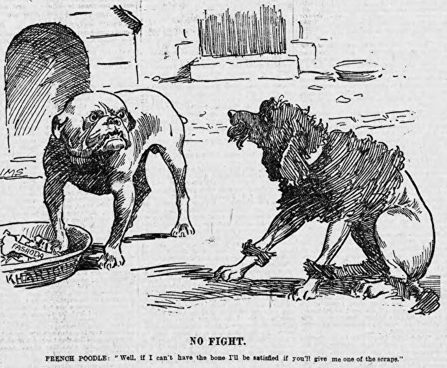 Fransız karşıtı bir karikatür, Feşûde Buhranı’ndan sonra bir Fransız kaniş köpeğini, İngiliz buldogundan artıklar için yalvarırken gösteriyor.