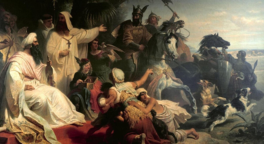 Hârûn Reşîd’in (solda), Roma İmparatoru Şarlman'ın Bağdat'taki sarayına gönderdiği heyeti kabul ederken resmedilen bir tablosu. 