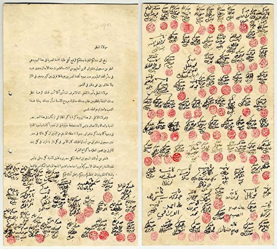 Mısırlı paşa ve beylerin Dinşivây mahkumlarının affedilmesi için Hidiv'e yaptıkları başvuru belgesi.