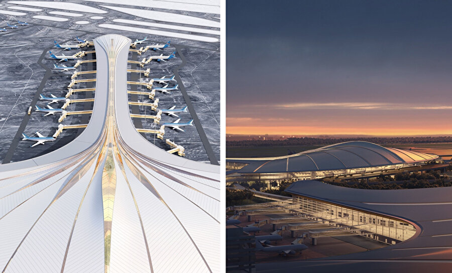 Havalimanı, iç sirkülasyonu ve çatı tasarımını net bir düzenlemeyle çerçeveleyen akıcı bir dış örtüyle öne çıkıyor. 