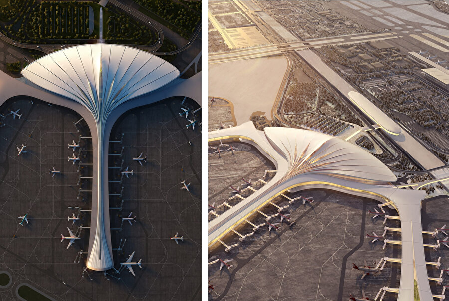 Uçan bir tüyü anımsatan terminal binası, çatının uzun kıvrımı, havalimanının içindeki hareket eden çizgileri ve boşlukları gerçek anlamda yansıtıyor. 