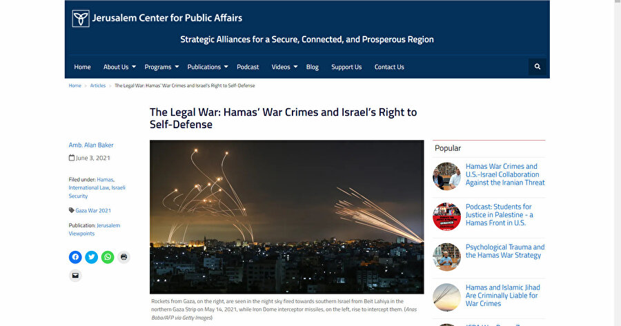 The Jerusalem Center for Public Affairs'in 3 Haziran 2021 tarihli haberi: "Hukuk Savaşı: Hamas'ın Savaş Suçları ve İsrail'in Meşru Müdafaa Hakkı"